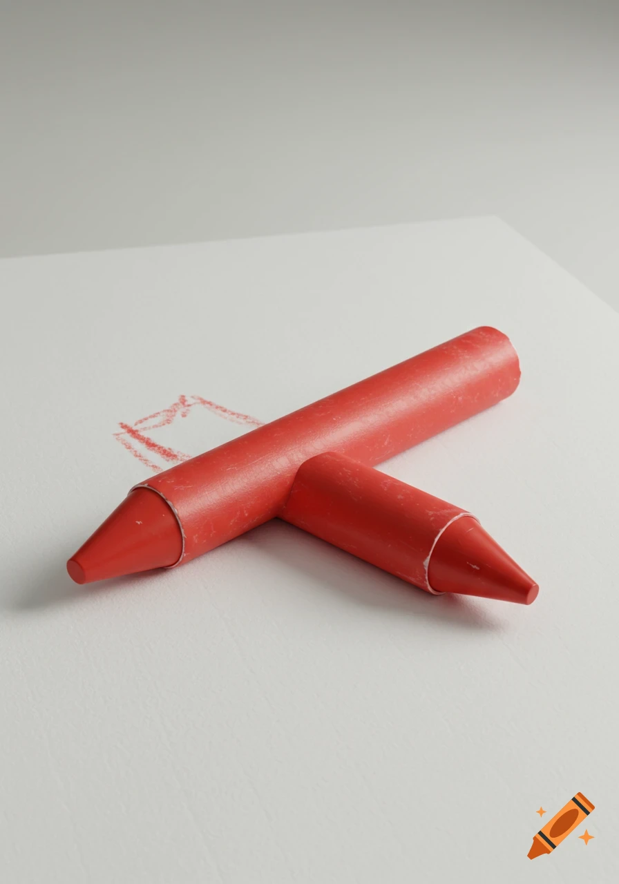 Two red crayons on a white paper surface with faint red scribbles, photorealistic style.