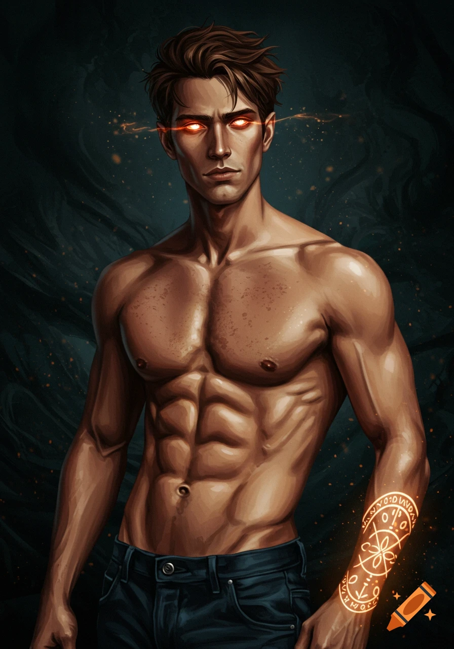 Illustration of a shirtless muscular man with glowing red eyes and a magical glowing tattoo on his forearm.
