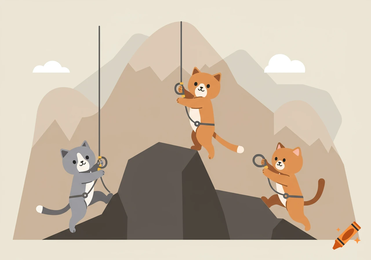 Three adorable cartoon kittens in harnesses rock climbing up a stylized mountain.