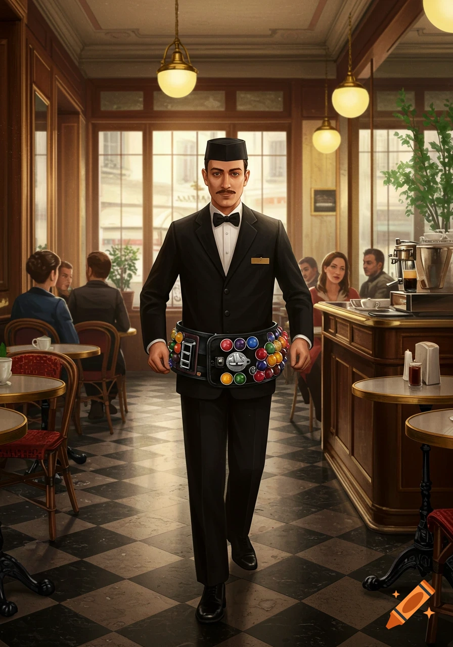 A realistic illustration of a waiter in a Parisian cafe, wearing a belt dispensing colorful coffee pods, walking forward.