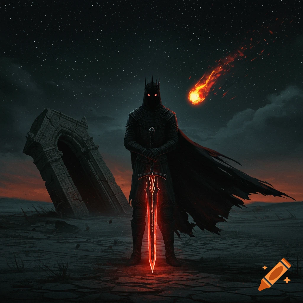 Dark king in armor with a glowing red sword stands in a desolate landscape with ancient ruins under a star-lit sky and falling meteor.