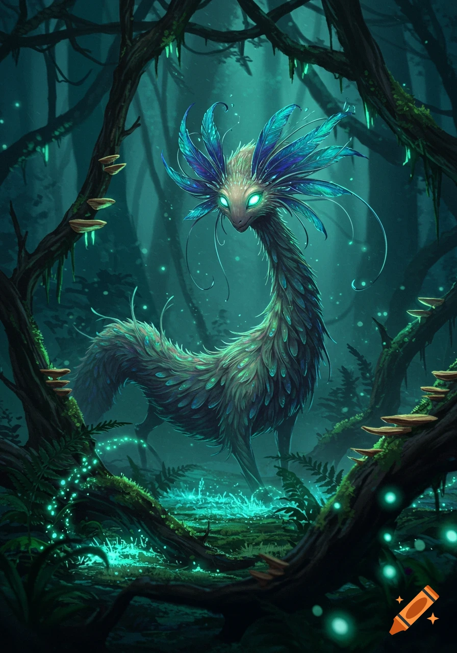 A glowing, feathered fantasy creature with teal plumage and bright eyes stands in a dark, bioluminescent forest.