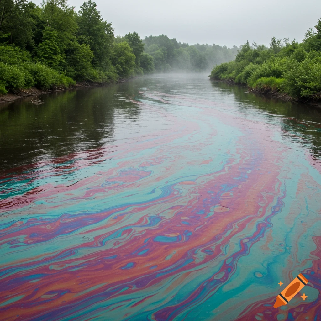 A river covered in a vibrant, rainbow-colored oil slick, flowing between lush green trees under a misty sky.