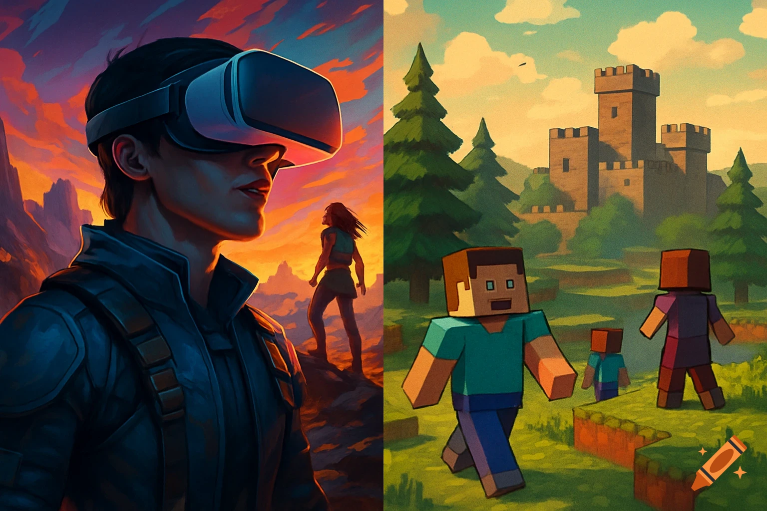 A split image showing a person in VR in a dramatic landscape and blocky Minecraft characters with a castle.