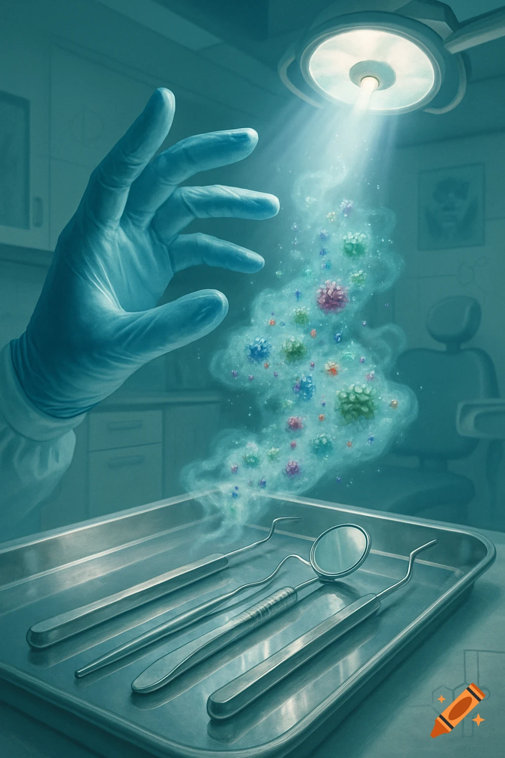 A gloved hand hovers over dental tools, with colorful microbes rising under an operating lamp, illustrating cross-contamination in dentistry.