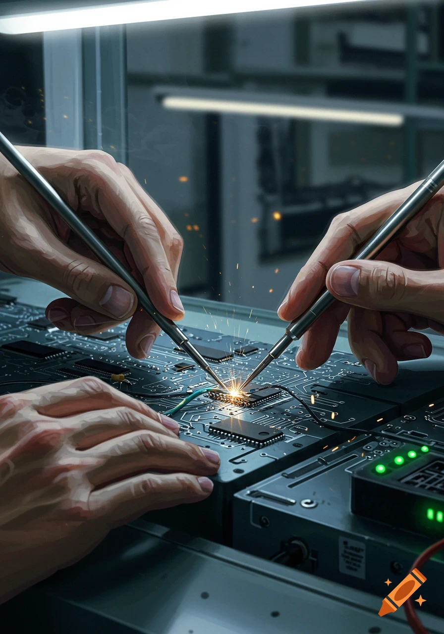 Close-up of multiple hands soldering components on a complex circuit board, creating sparks, in a detailed digital painting style.