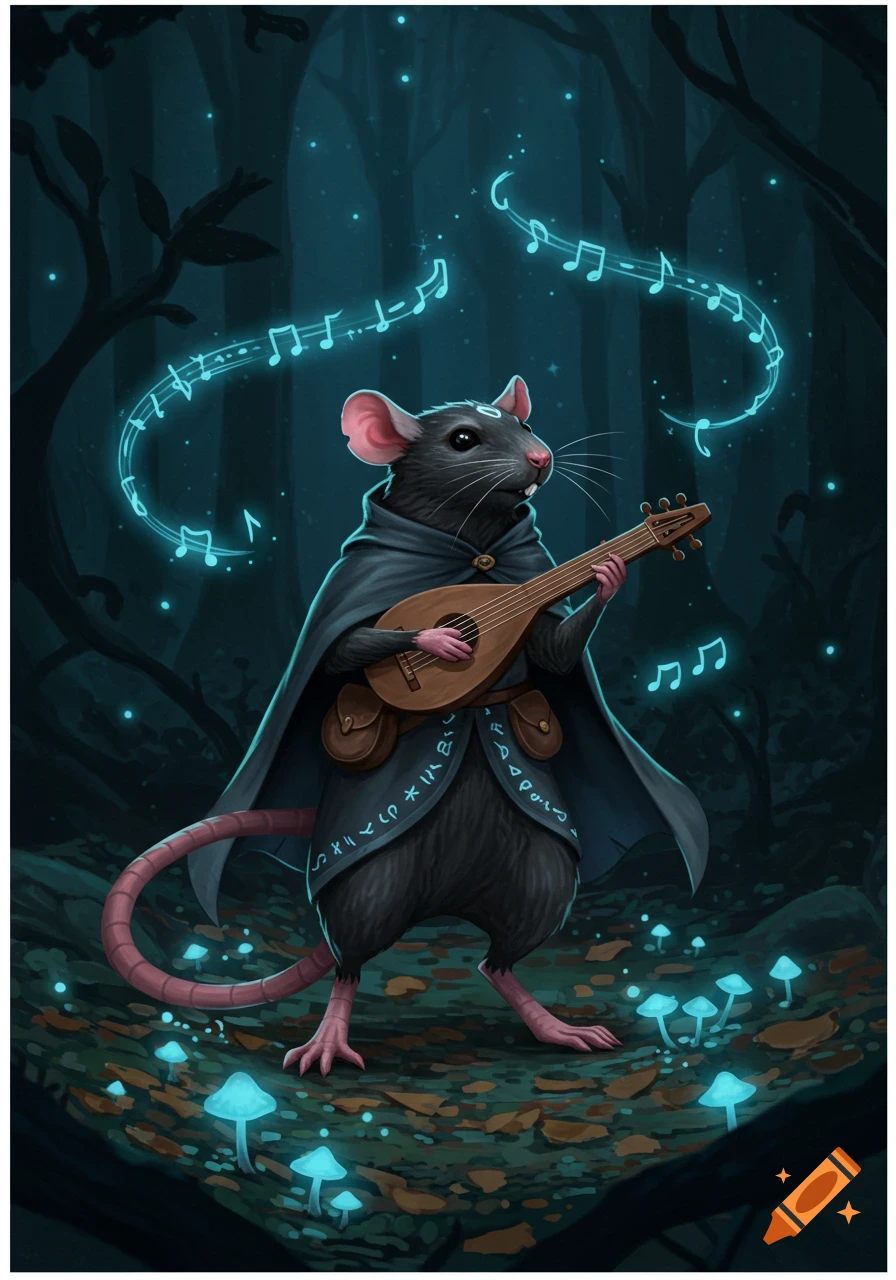 A magical rat bard in a dark cloak plays a lute, glowing music notes surround it in a mystical forest with bioluminescent mushrooms.