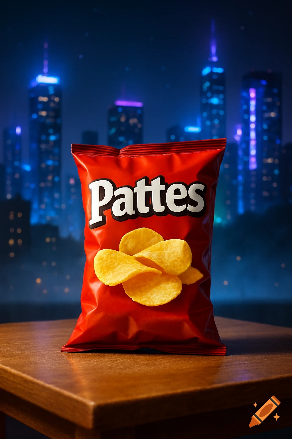 A red bag of 'Pattes' potato chips with visible chips, on a wooden table, against a blurry nighttime city skyline.