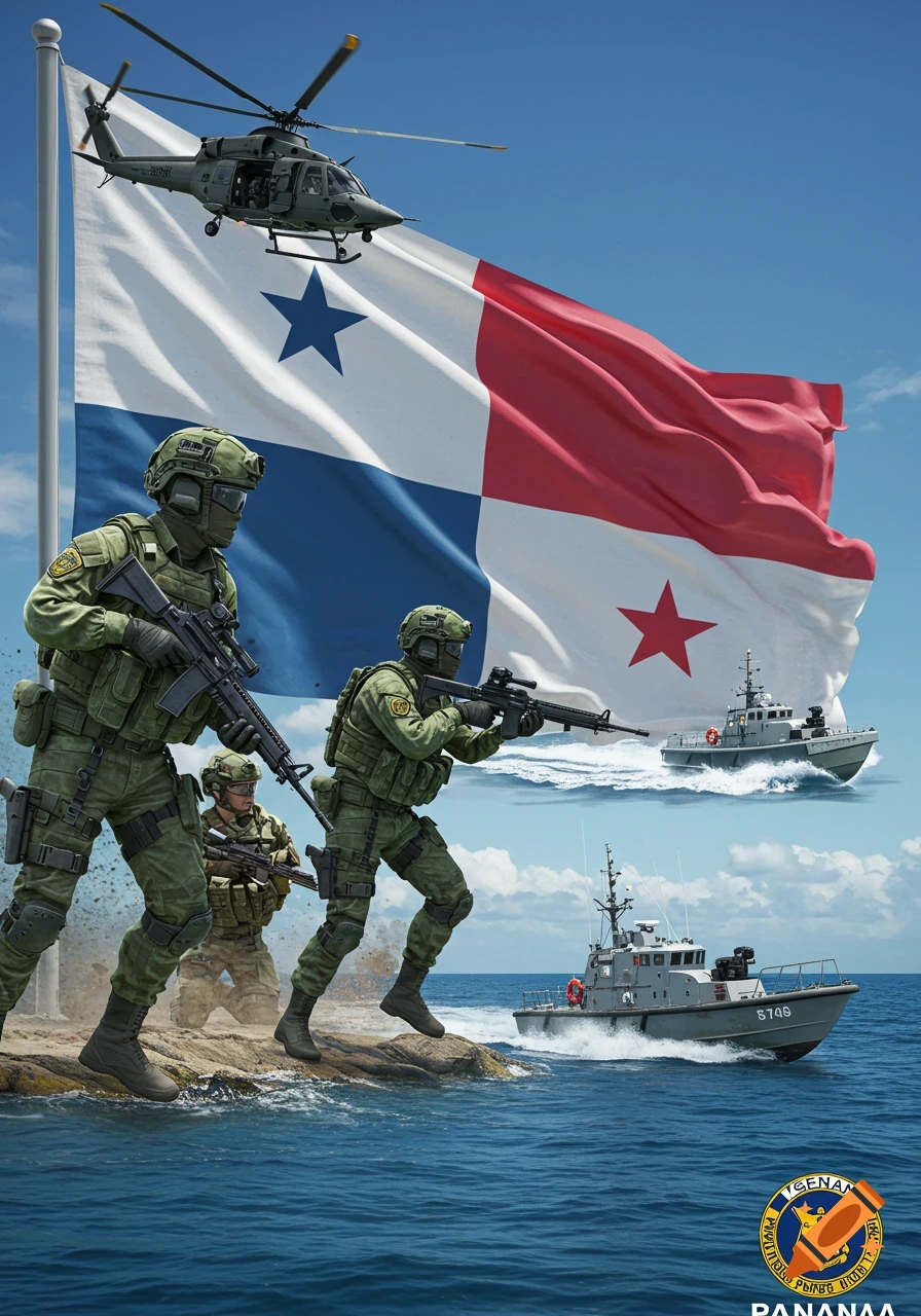 Panamanian soldiers in combat gear stand on a rocky shore with two patrol boats and a helicopter in the background, all beneath a large Panamanian flag against a blue sky. Photorealistic style.
