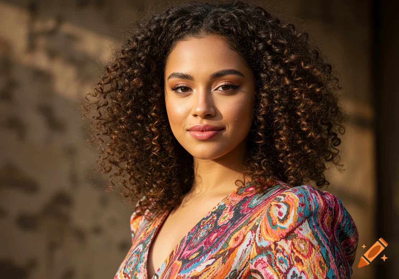 A smiling woman with curly brown hair, a mole above her lip, and a vibrant, colorful dress looking at the camera.