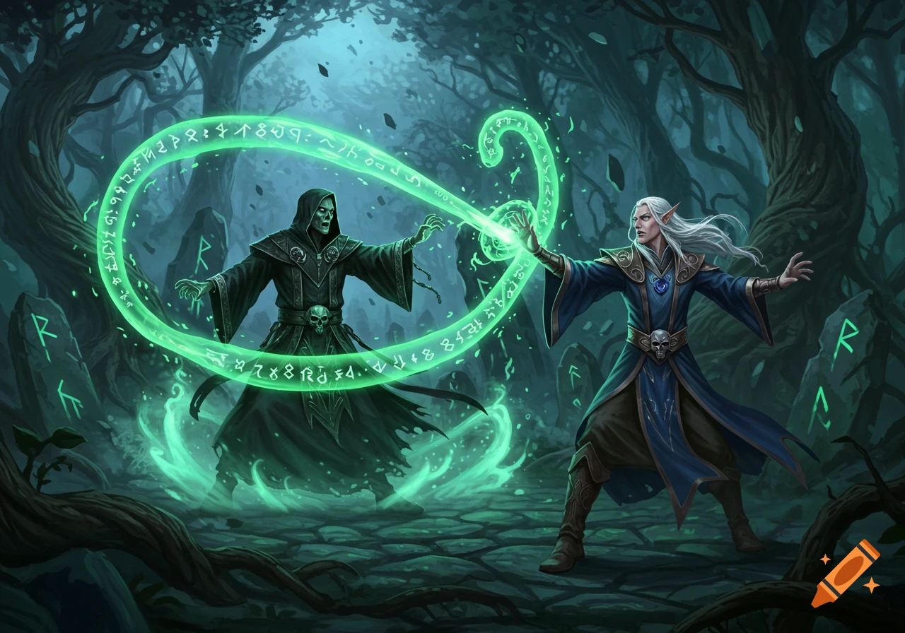 A black-robed necromancer and a silver-haired elf wizard blast each other with glowing green magic in a dark forest.