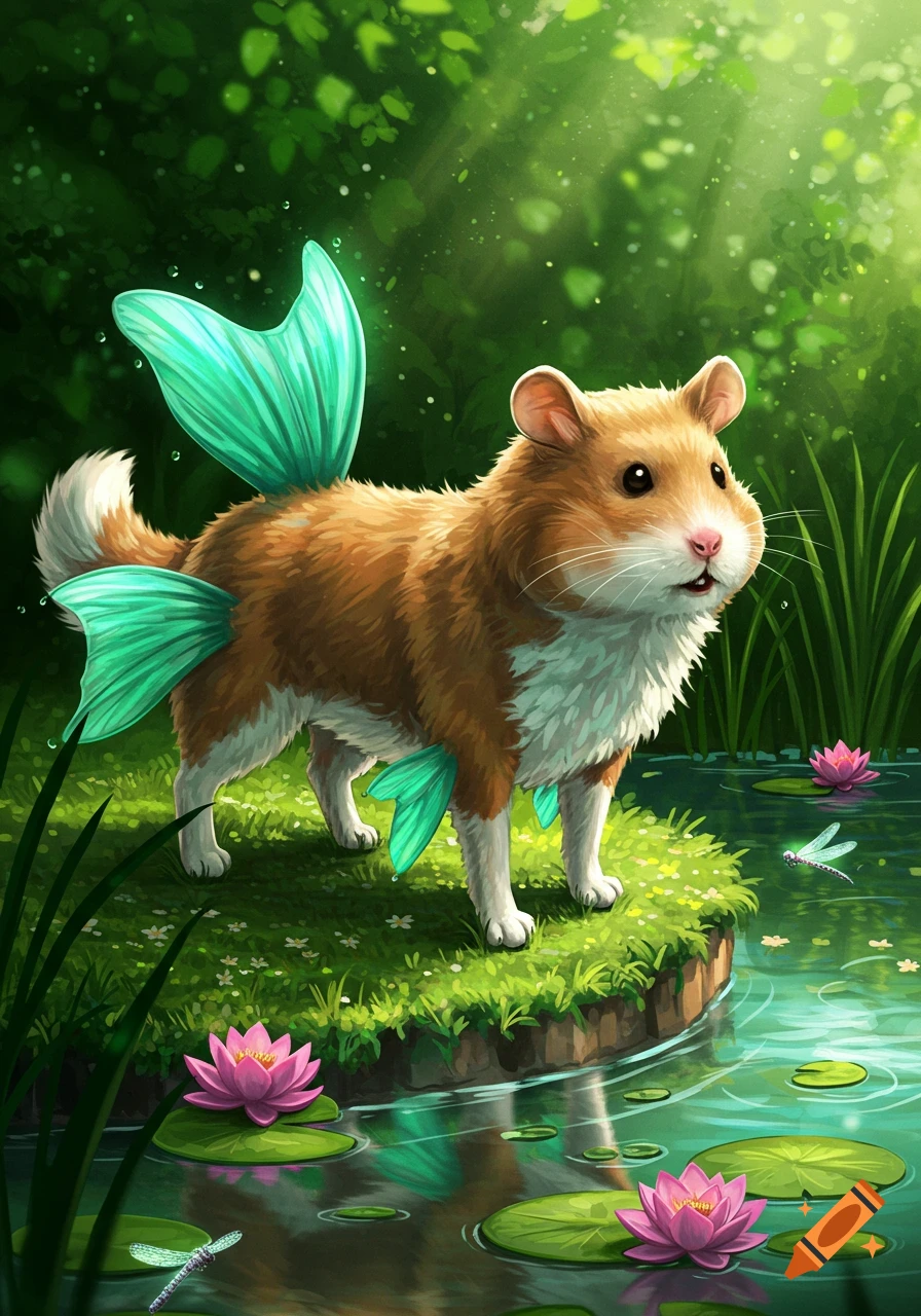 A cute hamster-dog hybrid with teal mermaid fins stands by a pond with water lilies in a lush, green forest.