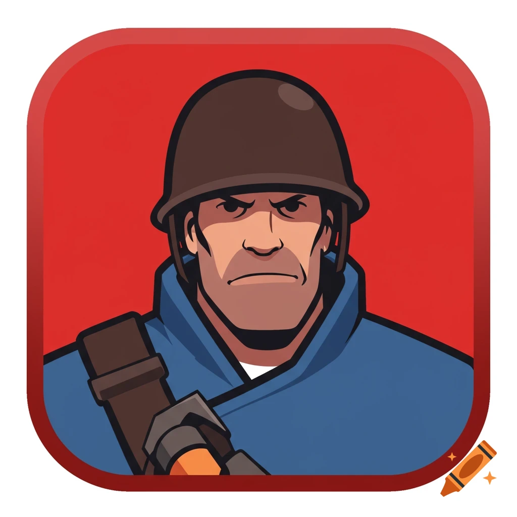 A cartoon soldier from Team Fortress 2 with a stern face, wearing a helmet and blue coat, depicted as a red app icon with rounded corners.