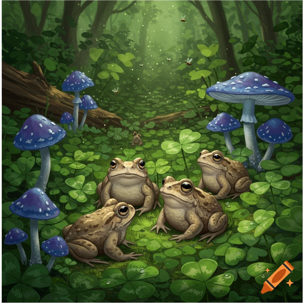 Illustrated whimsical scene of several toads sitting among blue-capped mushrooms and clover in a sun-dappled forest.