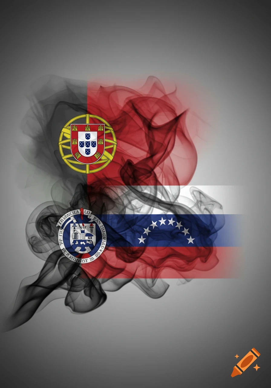 Stylized, smoky blend of the Portuguese coat of arms and flag elements resembling Venezuela and the US, with a circular emblem featuring illegible text, on a gradient grey background.