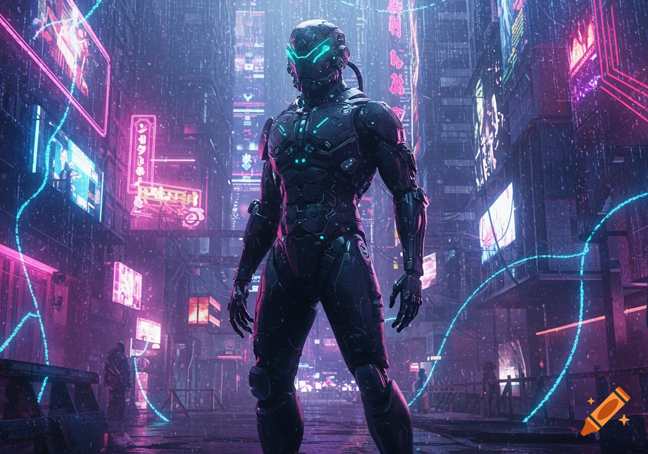 A dark armored robot with glowing cyan eyes stands on a rainy street in a neon-lit cyberpunk city, amidst towering buildings.