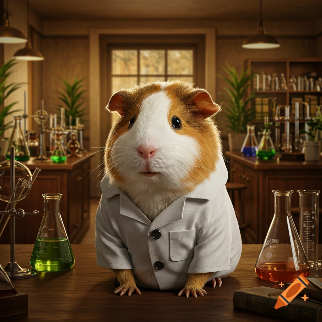 A cute, fluffy guinea pig in a white lab coat sits on a wooden lab table amidst beakers and flasks in a detailed laboratory.
