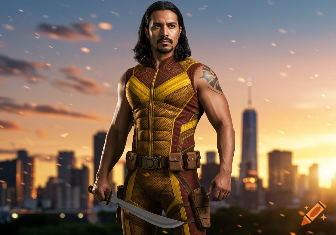 Photorealistic male superhero with long hair, beard, in a brown and yellow suit, holding a machete at sunset over a city.