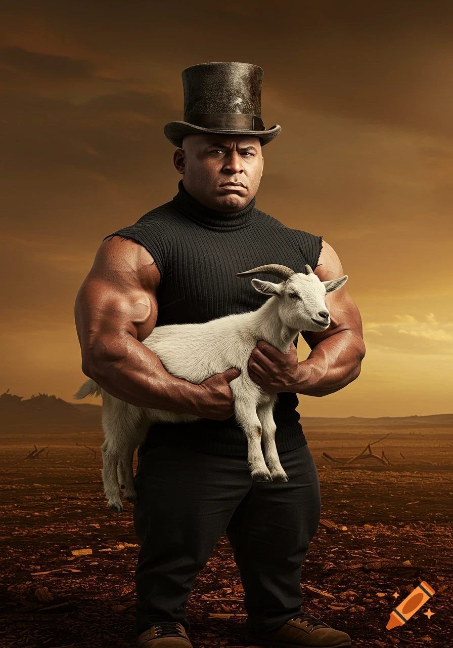 Muscular man in a top hat and black turtleneck holds a white goat in a photorealistic apocalyptic desert.