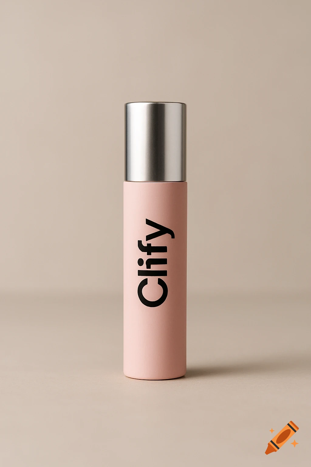 A matte pastel pink lip balm tube with a silver cap and the brand name Clify written vertically in black.