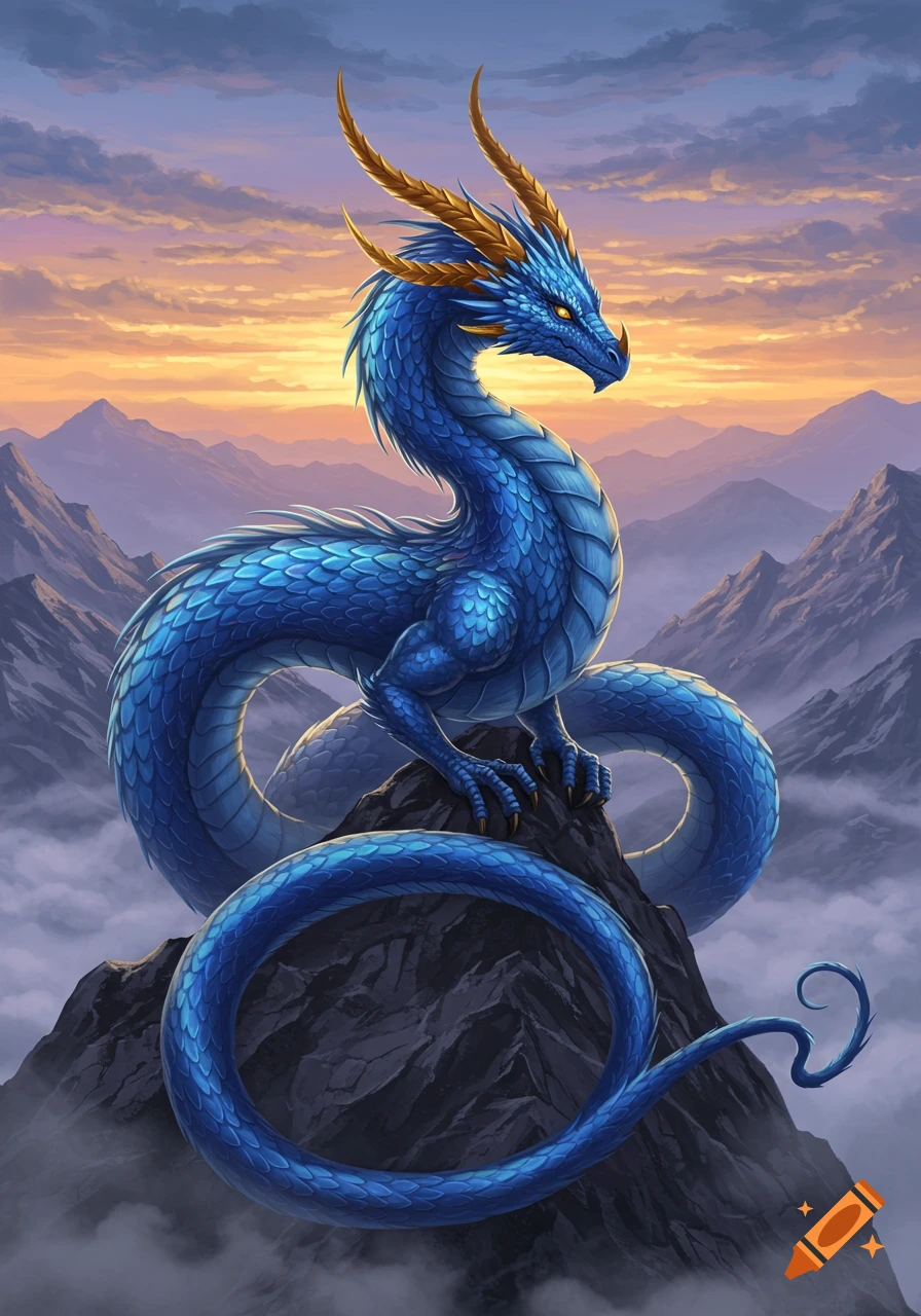 A majestic blue dragon with golden horns perches atop a rugged mountain peak, silhouetted against a vibrant sunset sky.