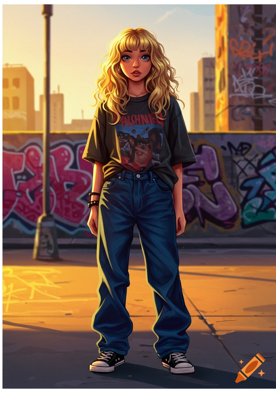 A stylized blonde girl with curly hair, wearing baggy jeans, an oversized t-shirt, and sneakers, stands in front of a graffiti-covered wall in an urban setting at sunset.