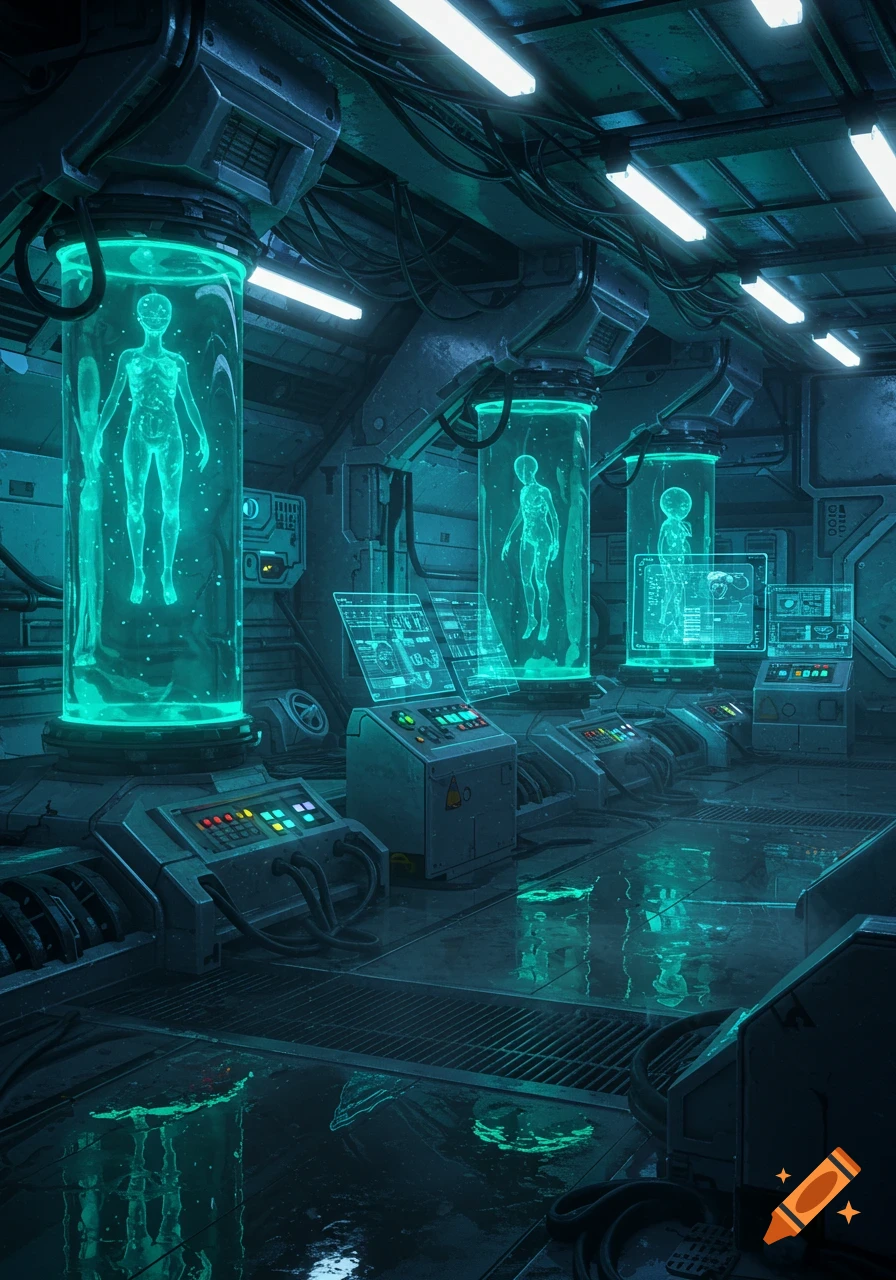 Photorealistic image of a dark, futuristic alien laboratory with glowing humanoid figures suspended in giant transparent tubes.