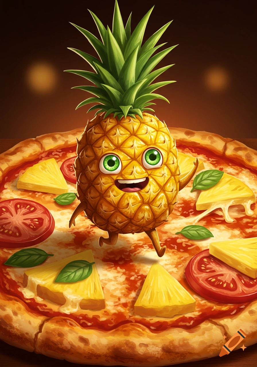 A happy, cartoon pineapple character with green eyes and a big smile stands on a pizza topped with cheese, tomato slices, basil leaves, and pineapple chunks.