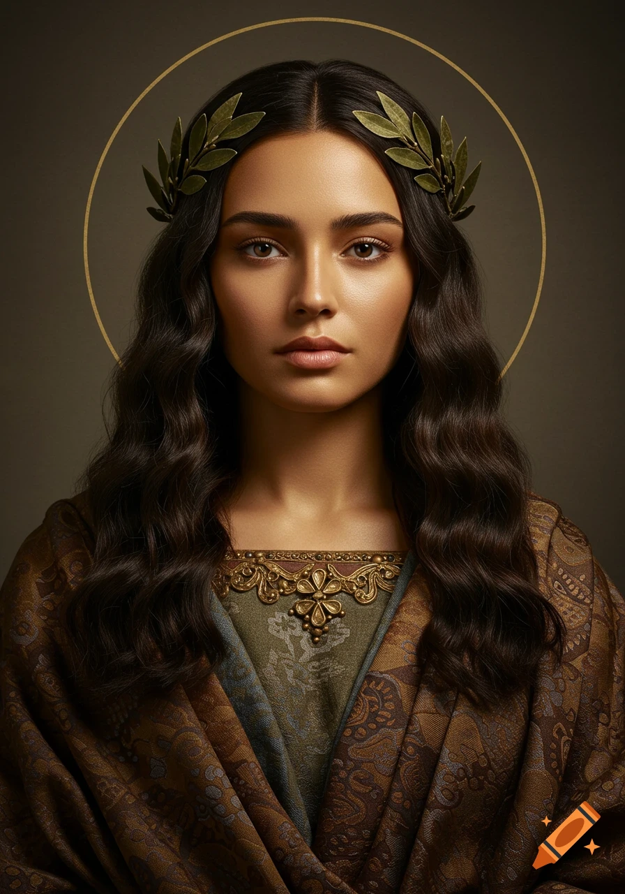 Photorealistic portrait of a serene woman with long dark hair, an olive wreath, golden halo, and elaborate historical garments.