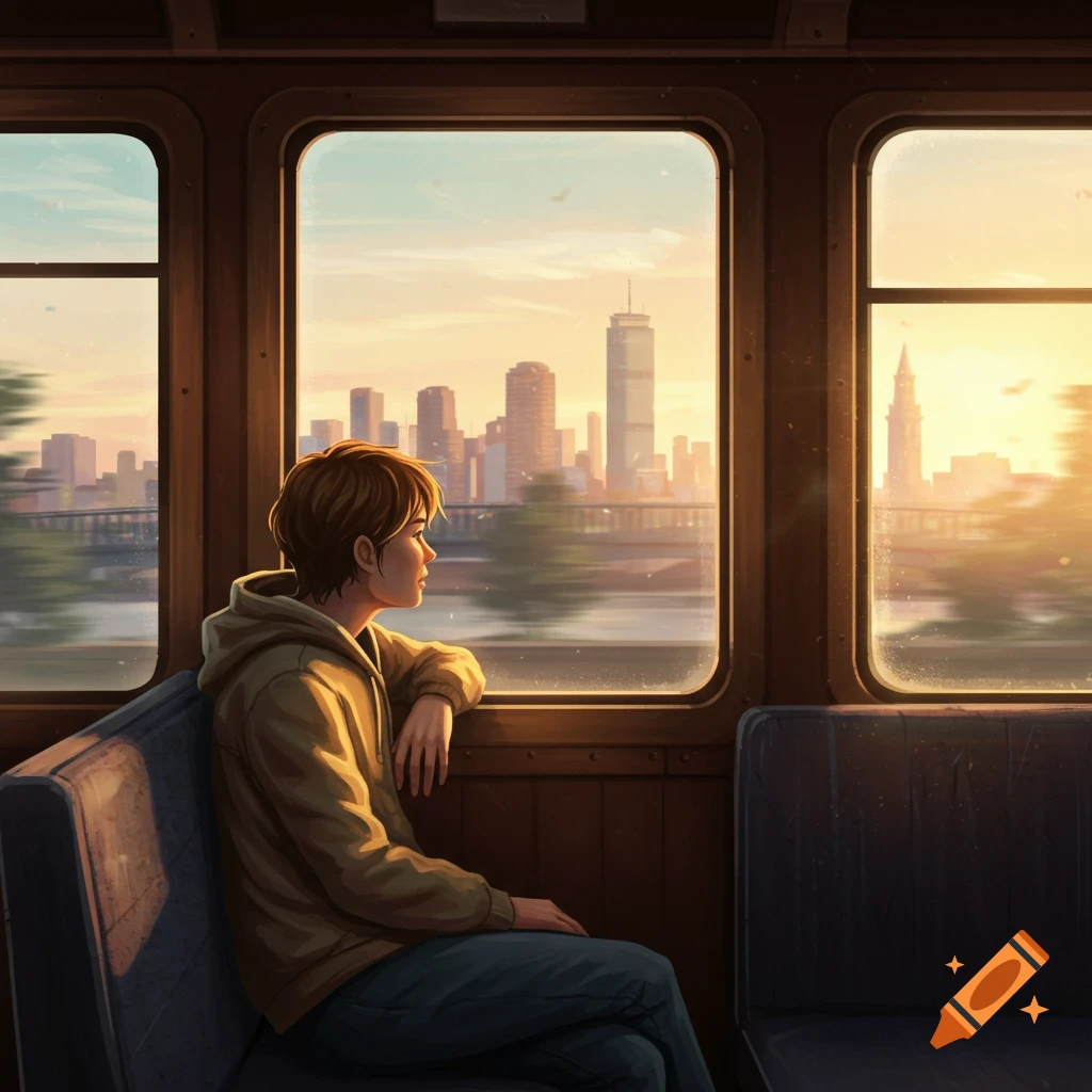 Illustrated person in a train, looking out the window at a city skyline during sunset.