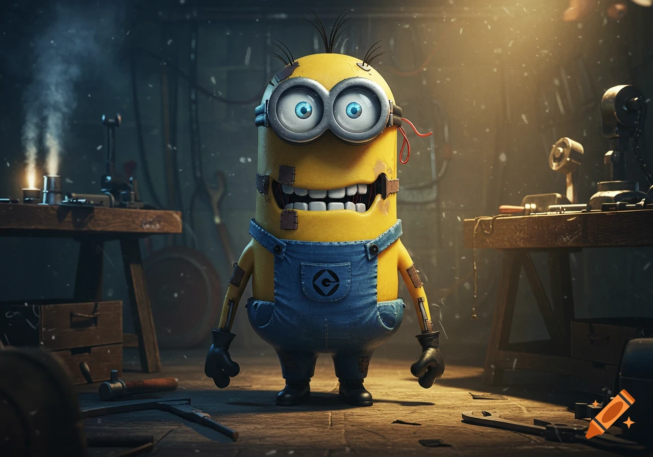 A creepy animatronic Minion with patched overalls stands in a dimly lit, dusty workshop.