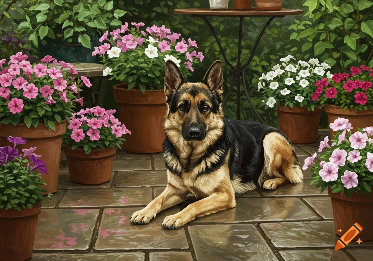 A lifelike digital painting of a German Shepherd dog lying on a stone patio, surrounded by colorful potted petunias and garden plants.