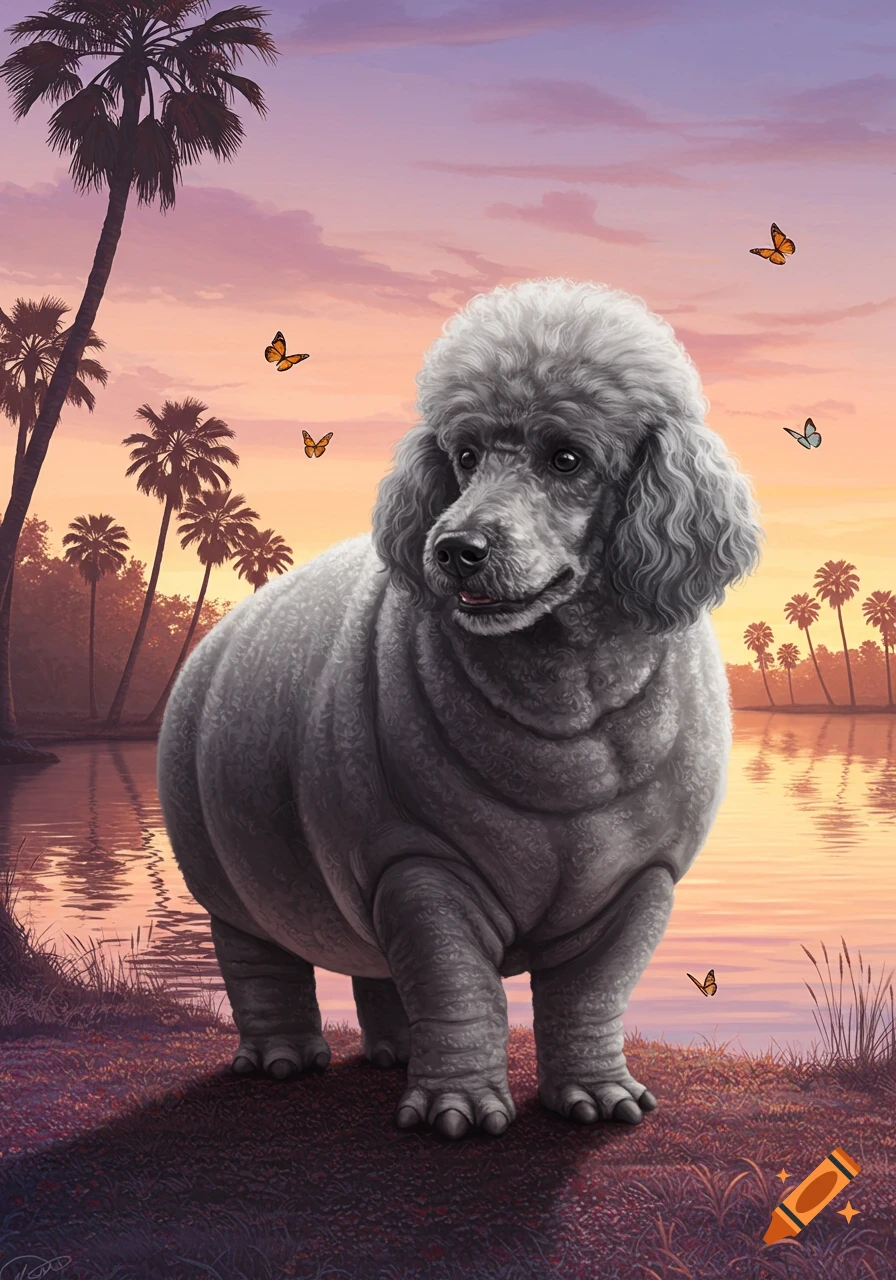 A grey poodle-hippo hybrid stands by a tranquil lake with palm trees and butterflies at sunset, in an illustrative style.