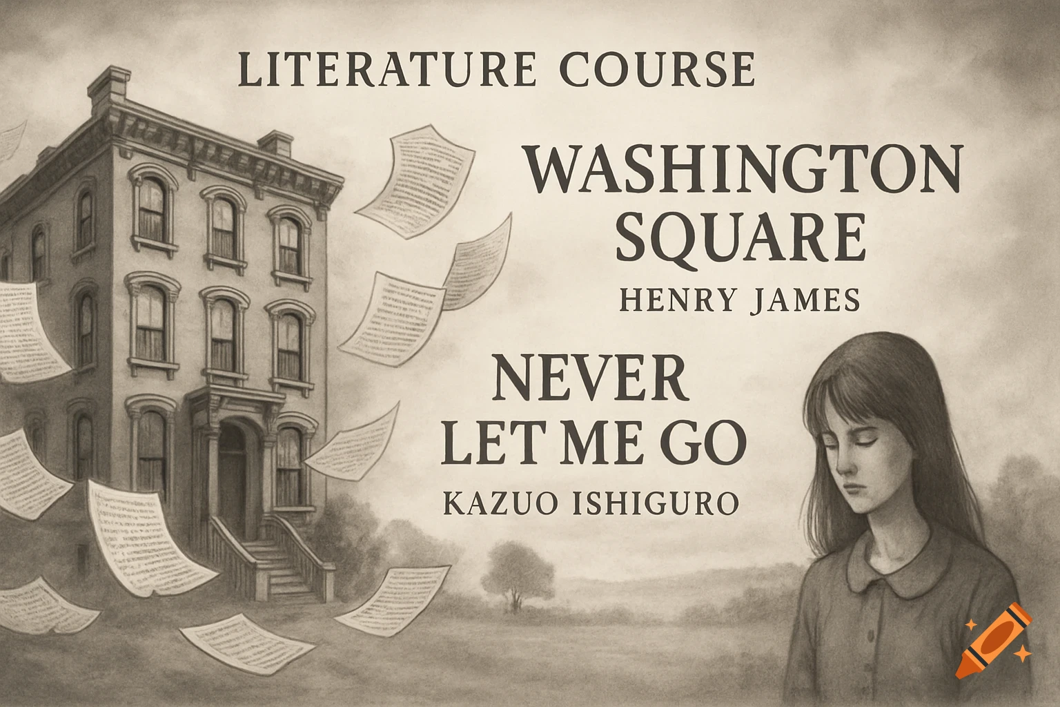 Sepia-toned illustration of a grand building with papers flying around it, text lists literature course titles, and a solemn girl looks down.