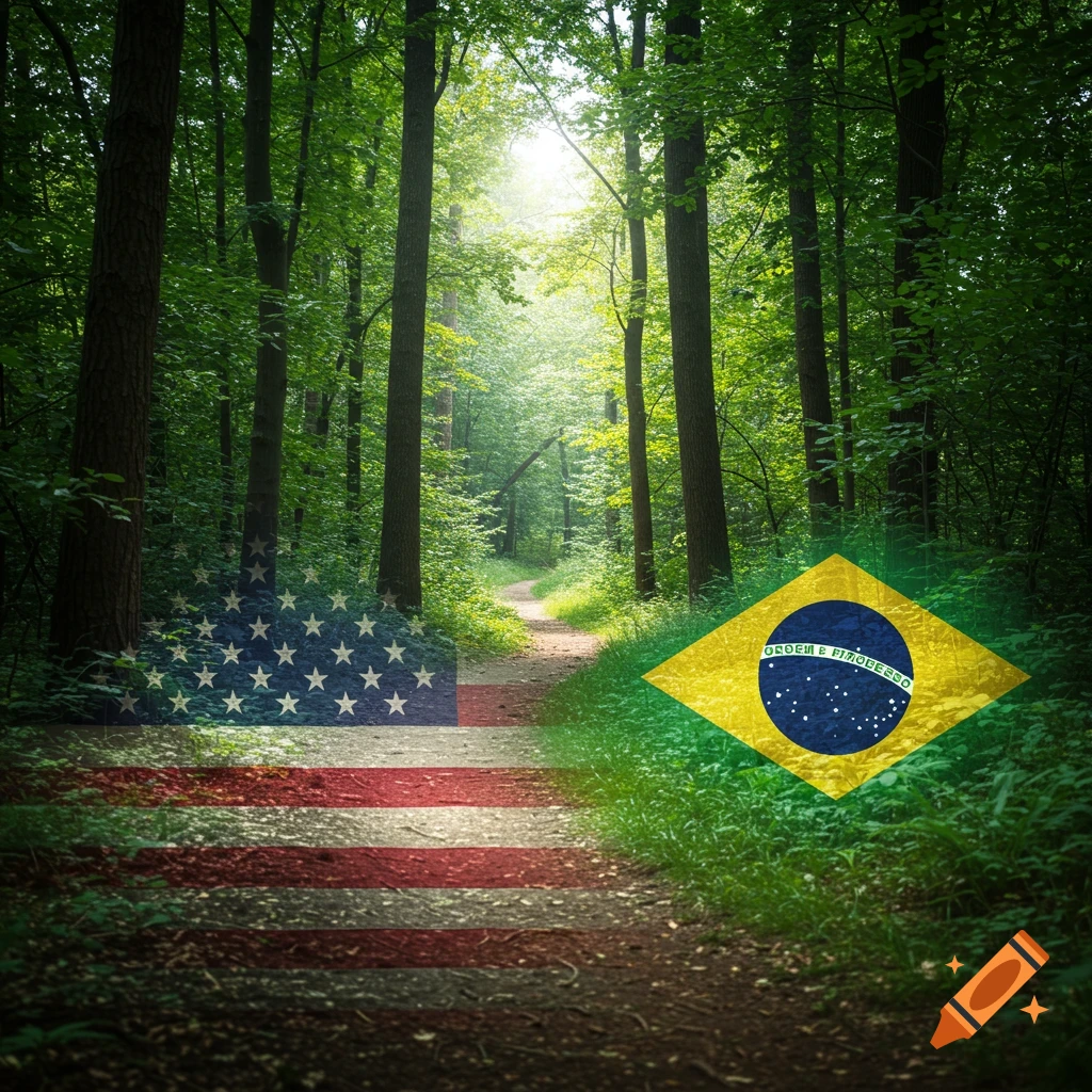 A forest path forks, with a US flag overlay on the left trail and a Brazilian flag overlay on the right, under bright natural light.