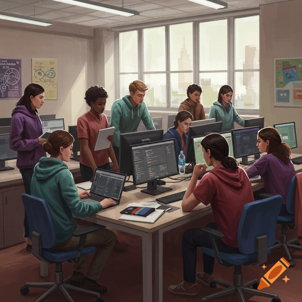 College students of diverse backgrounds are diligently working on computers and laptops in a brightly lit computer lab.