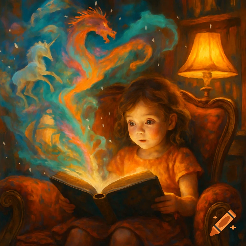 Little girl in a cozy chair, reading a glowing book from which a unicorn and dragon emerge in a painterly style.