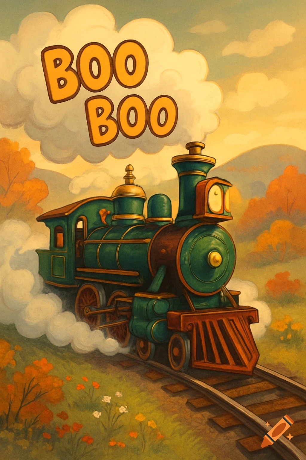 A cartoonish green train with gold accents steams along tracks in an autumnal landscape, with 'BOO BOO' in the smoke.