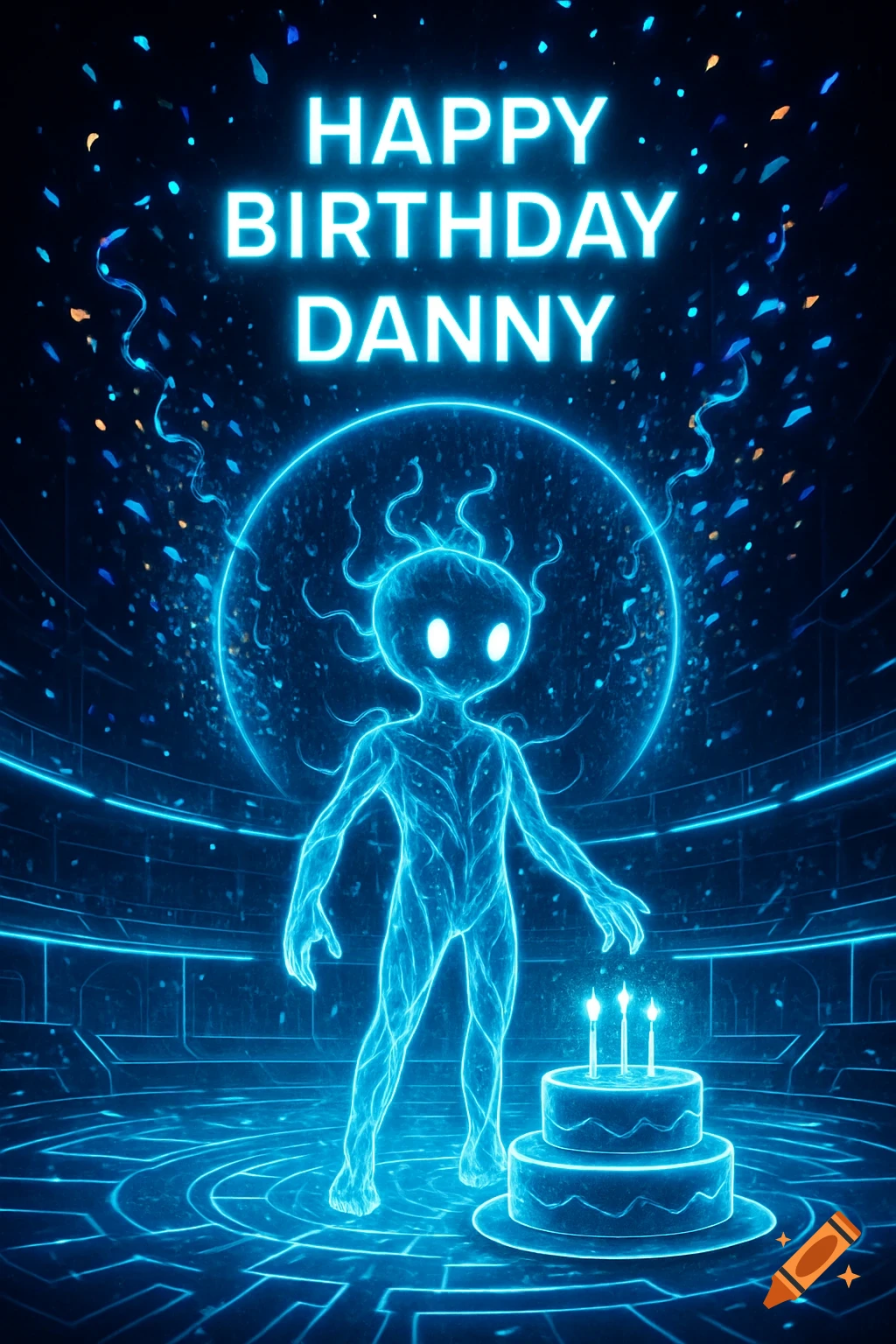 Neon blue alien figure with a birthday cake and 'HAPPY BIRTHDAY DANNY' text, futuristic style.