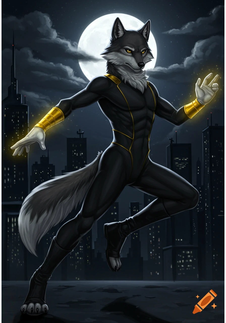 A grey-furred wolf humanoid in a black leotard with yellow and gold accents leaps over a rooftop at night, full moon and city skyline.