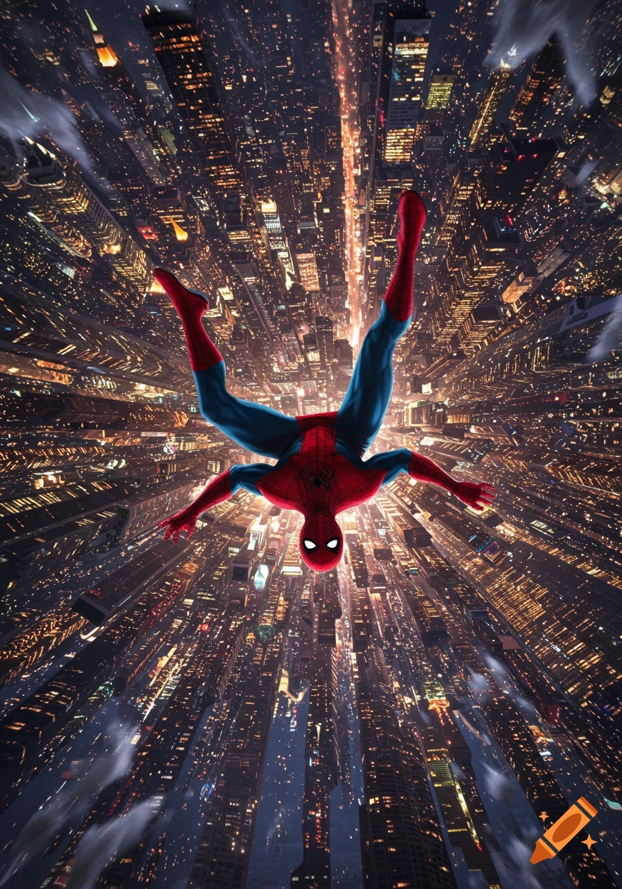 Spider-Man falls headfirst over a brightly lit, sprawling city at night, with a dynamic, stylized comic book aesthetic.