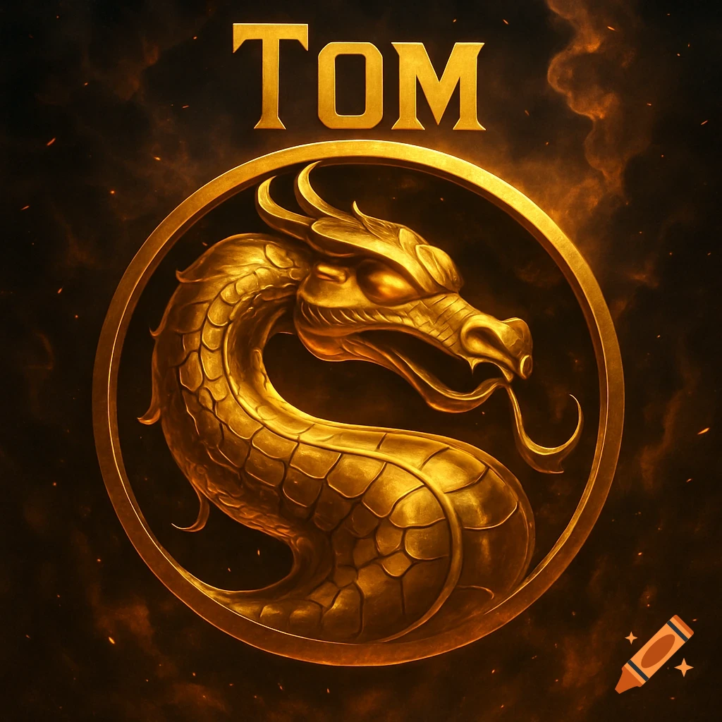 A golden dragon emblem, styled like the Mortal Kombat logo, with the name 'TOM' in gold letters above it, set against a dark, fiery background.