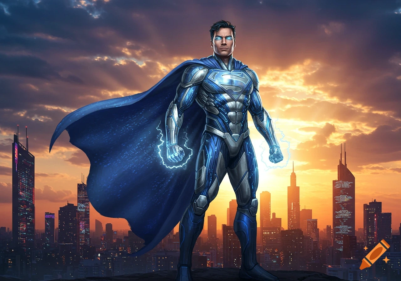 A superhero in a blue and silver armored suit, blue cape, glowing eyes, and electric hands stands over a city at sunset, digital art.