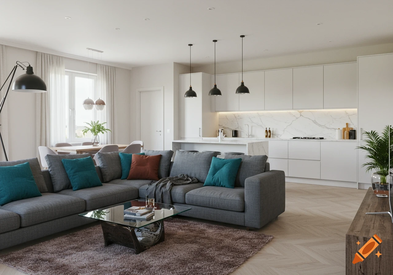 Photorealistic modern open-plan living room and kitchen with a gray L-shaped sofa, glass coffee table, and white cabinetry.