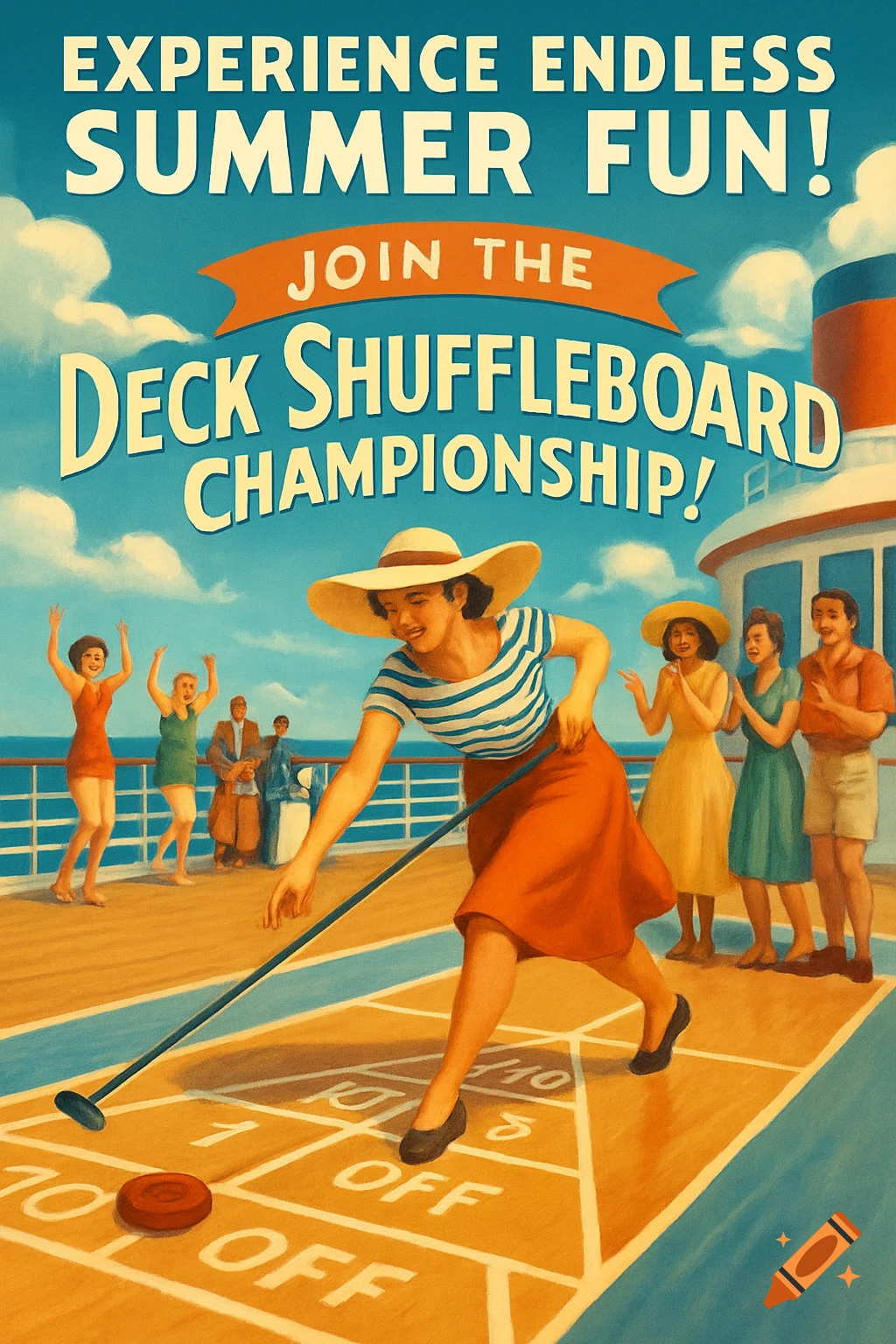 A retro poster shows a woman playing shuffleboard on a cruise ship deck, with other passengers and a text advertisement for a championship.