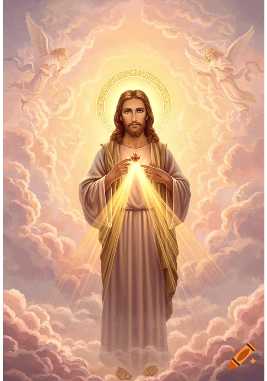 Jesus Christ with a sacred heart, halo, and radiating light, surrounded by clouds and ethereal angels in a divine, spiritual art style.