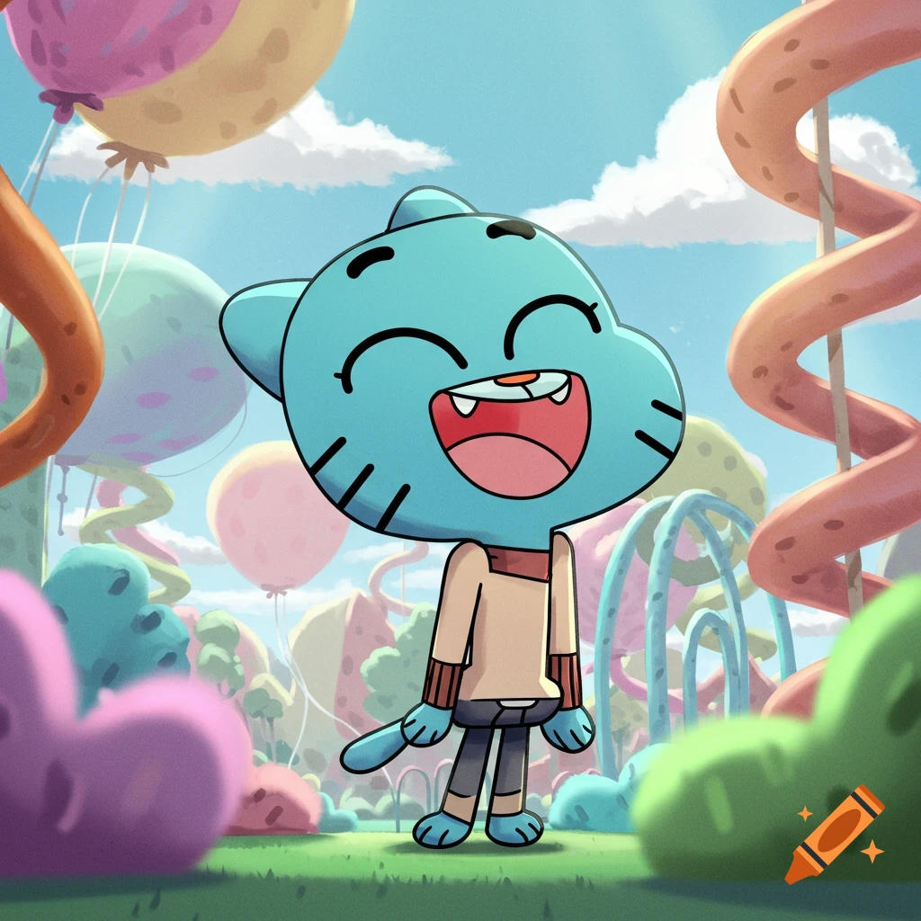 Gumball Watterson, a blue cat cartoon character, laughs joyfully in a whimsical, colorful playground with balloons and swirly structures.