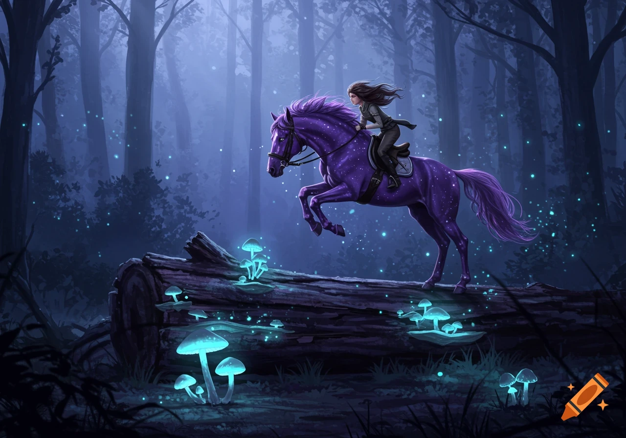 A girl rides a glowing purple horse jumping over a log in a dark, mystical forest with luminous mushrooms.