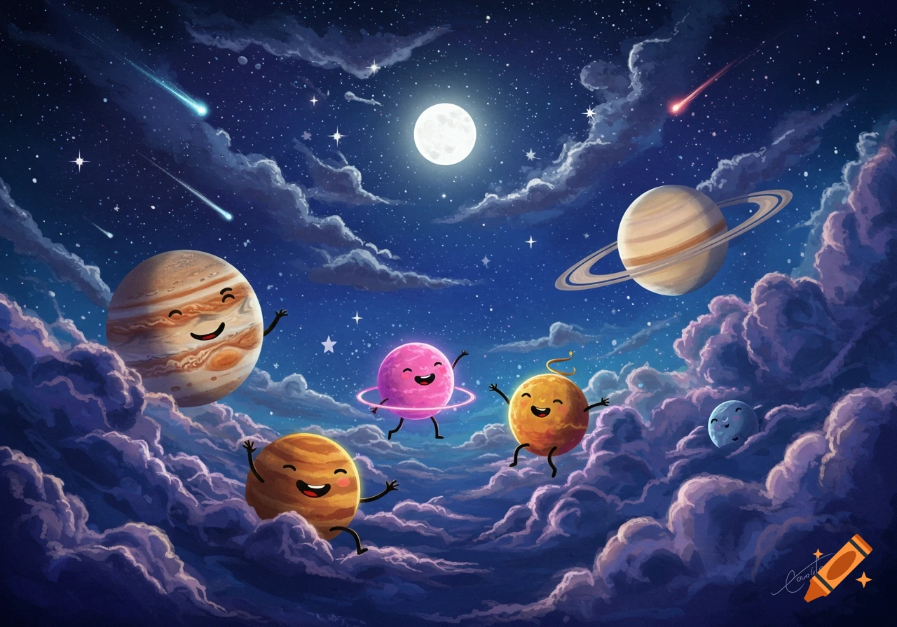 Cute cartoon planets with smiling faces play among purple clouds in a dark blue starry night sky with a full moon and shooting stars.