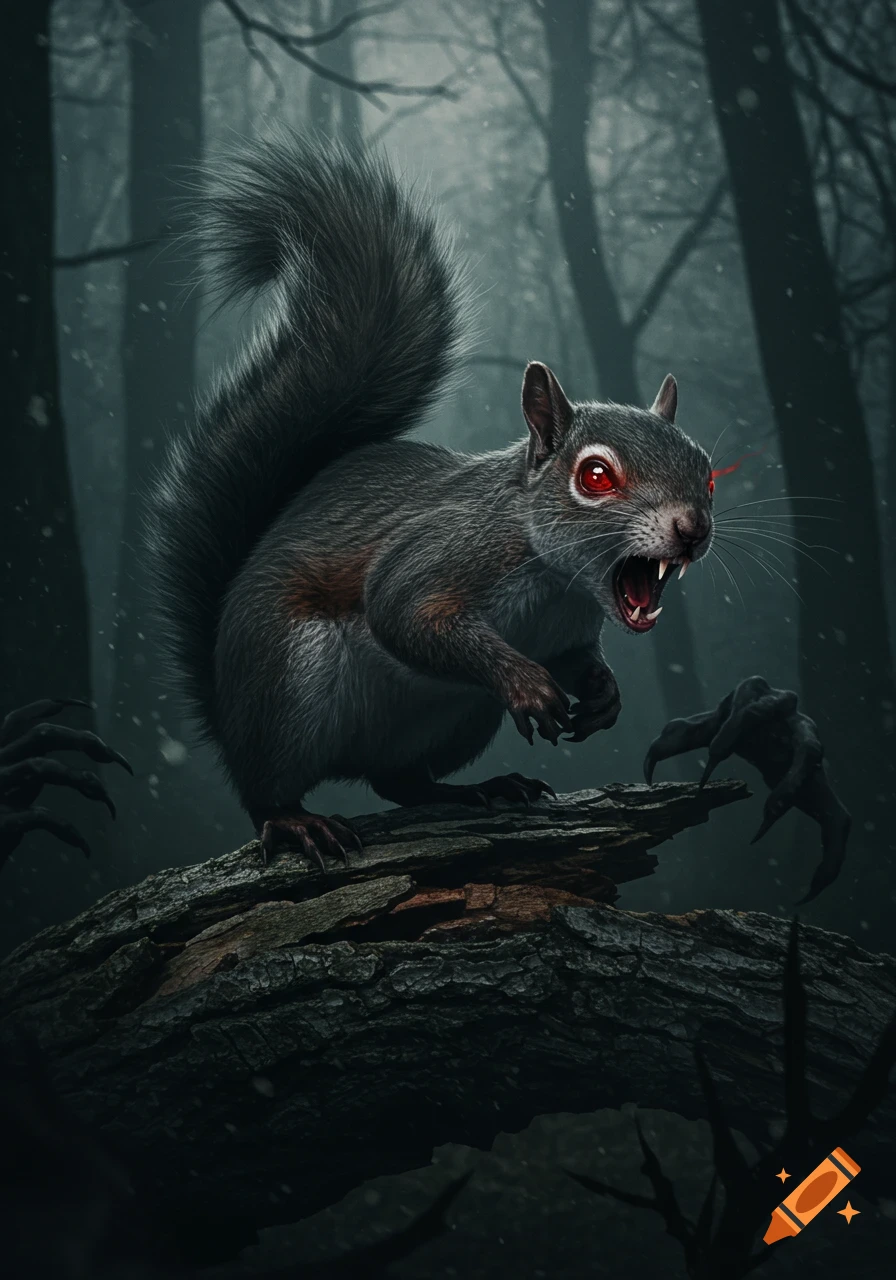 A photorealistic demonic squirrel with red eyes and fangs, perched on a log in a dark, snowy forest, with shadowy clawed hands reaching from the darkness.